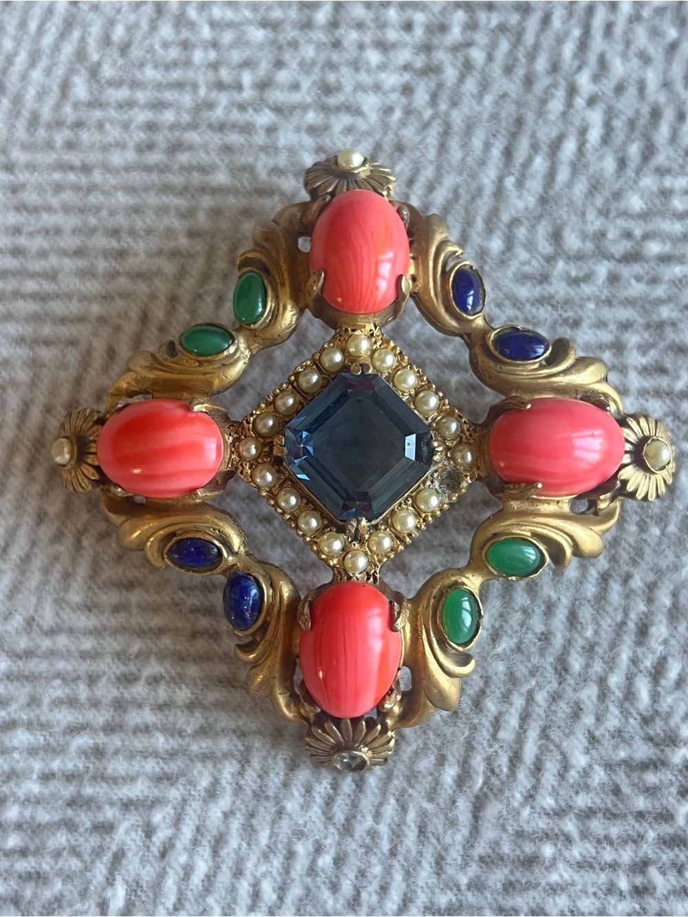 Vintage CADORO Signed Maltese Cross Brooch Pin Multi Stone Cabochon Pearl 2.5”